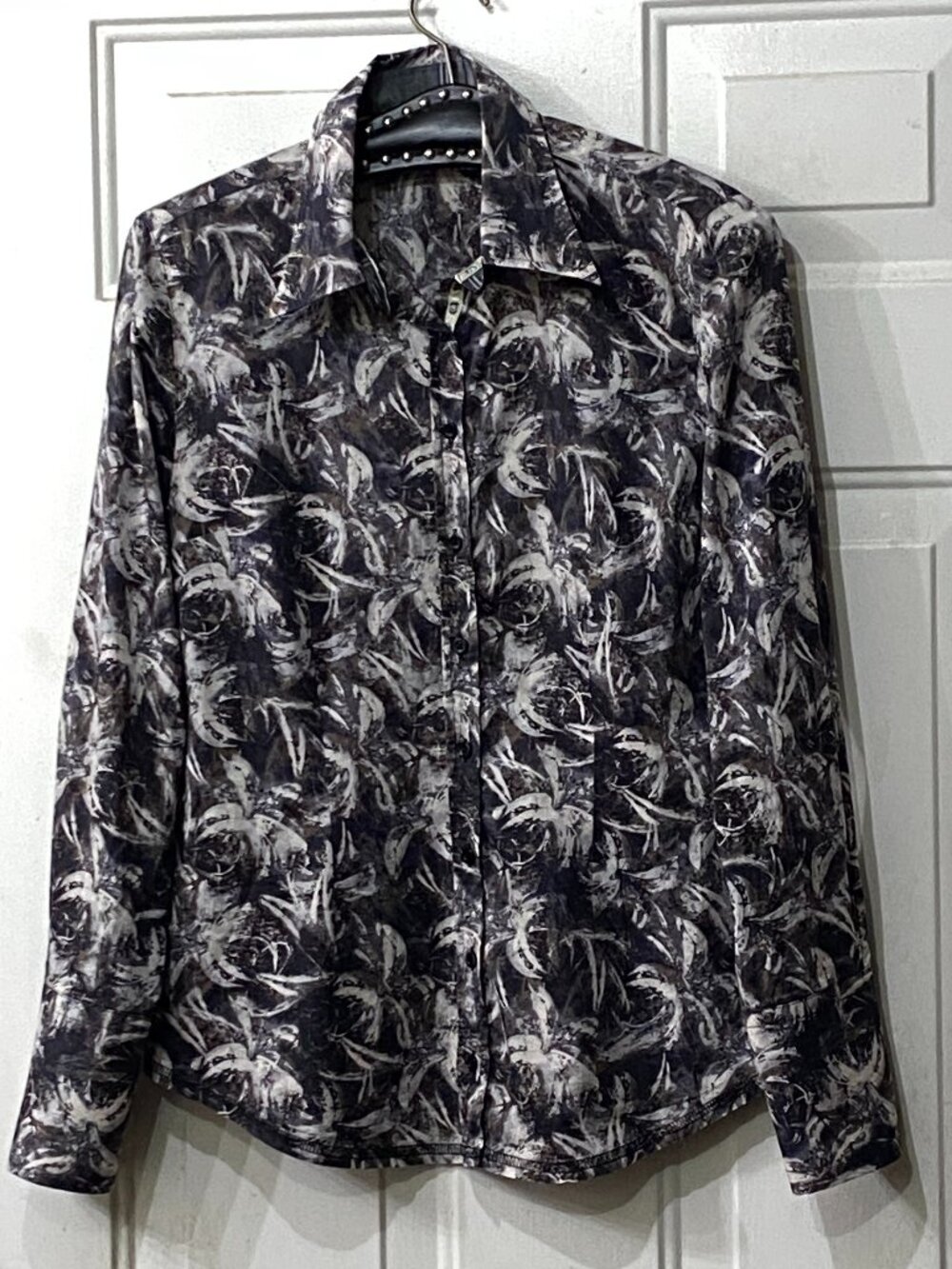 George Roth Sz XS Womens Blouse Shirt Long Sleeve Brown/Gray Abstract Floral